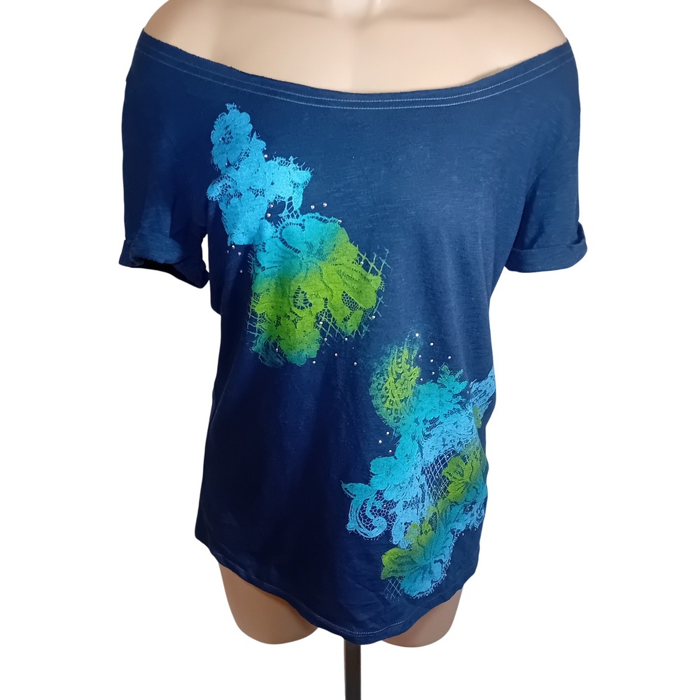 Y2K Aeropostale Women Junior Off Shoulder Graphic Shirt Floral Lace Rhinestone L